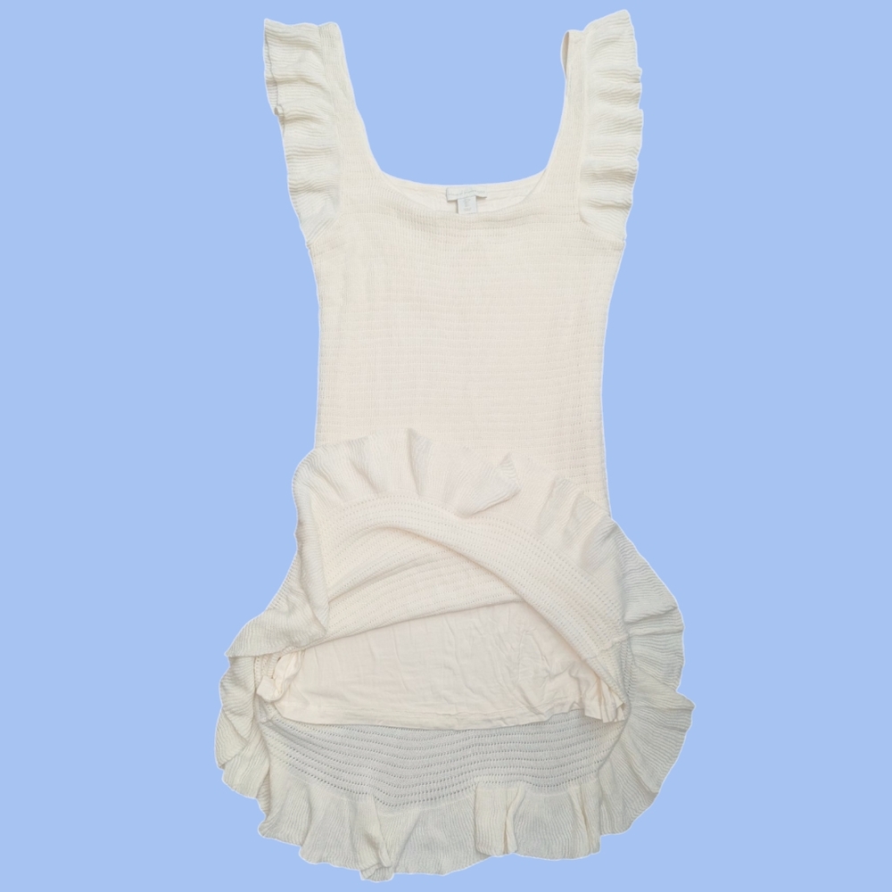 House of Harlow 1960 Ruffle Crochet Dress Ivory Pointelle Tight Knit Mini - Picture 4 of 9